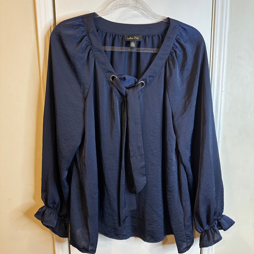 Melissa Paige Navy Blue Satin Tie Neck Blouse with Grommets and Ruffle Cuffs L